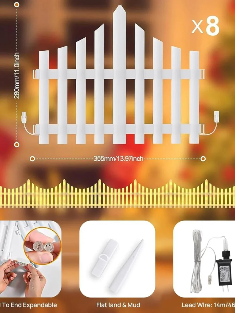 Christmas Tree Fence Light Christmas Decorations Lights 8 Pack Picket Fence NEW